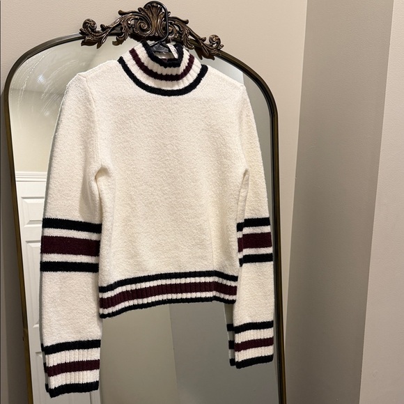 Madewell Cream Turtleneck Sweater with Black and Burgundy Stripes medium - Picture 2 of 6